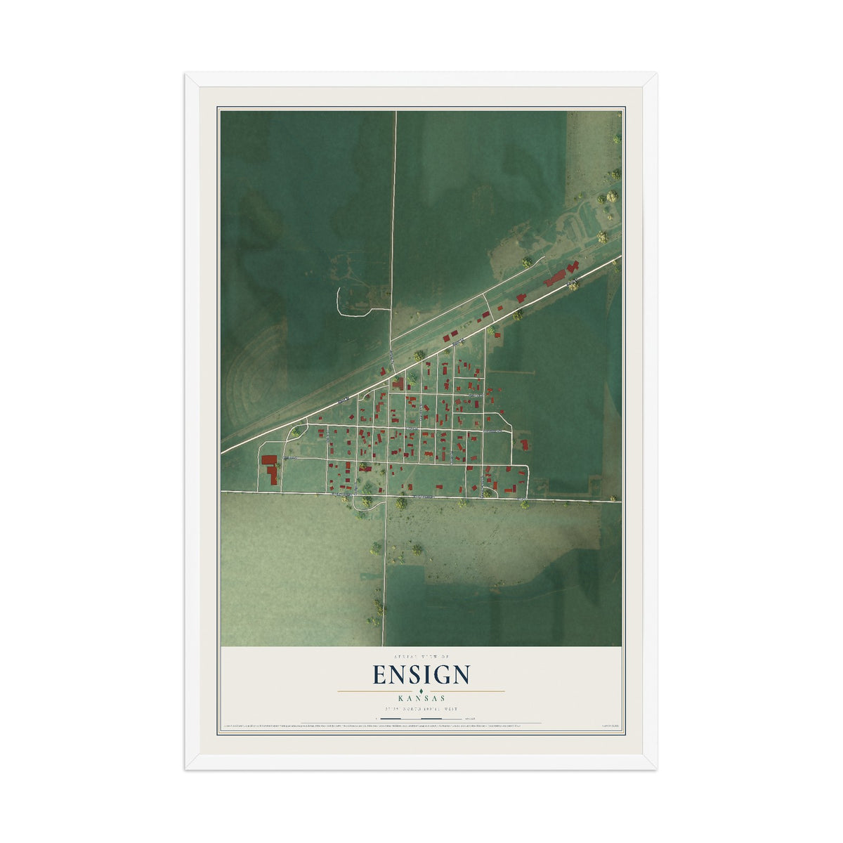 Map of Ensign, Kansas, 12 x 18 inch print in a white wood frame