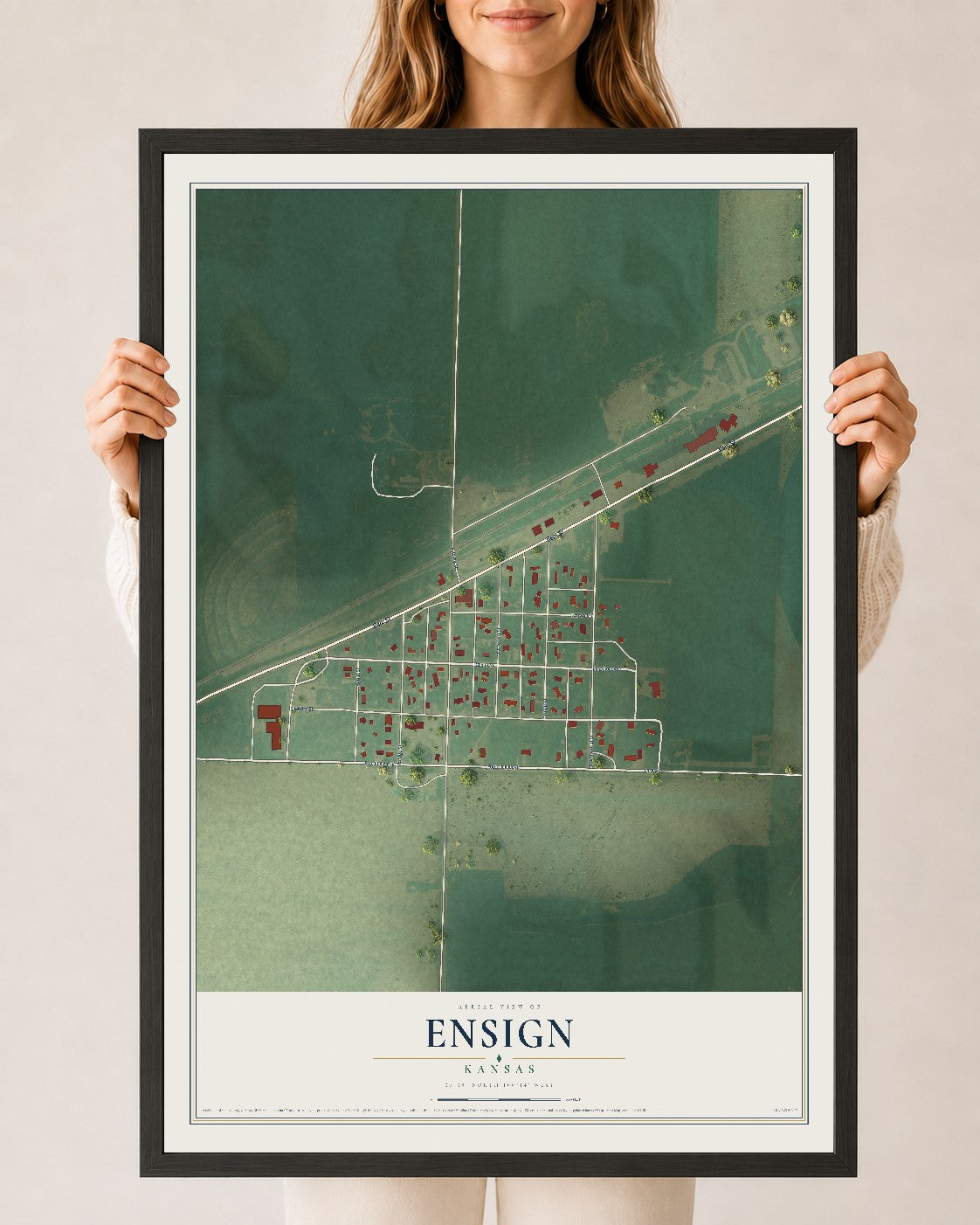 Map of Ensign, Kansas, 24 x 36 inch print in a black wood frame