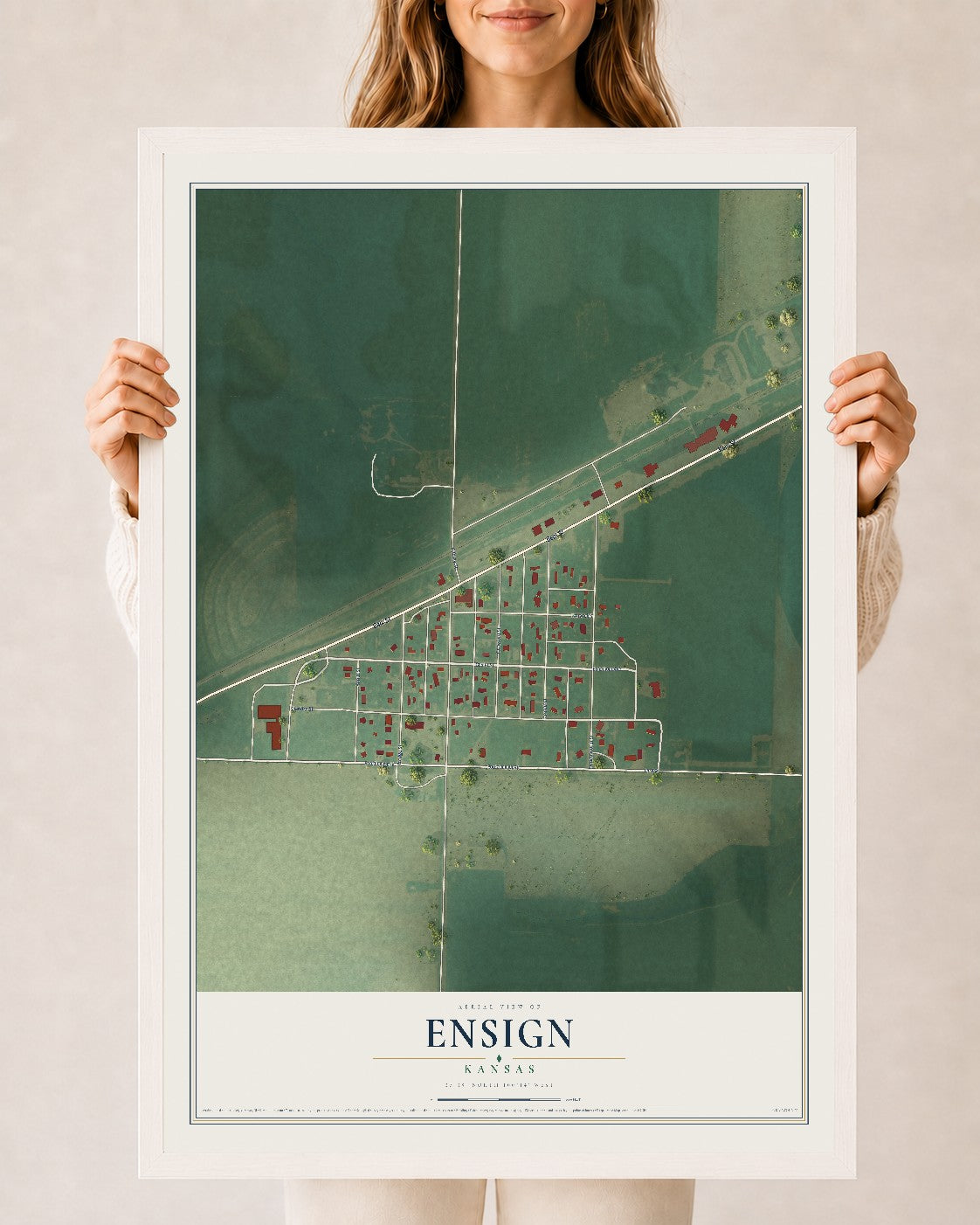 Map of Ensign, Kansas, 24 x 36 inch print in a white wood frame