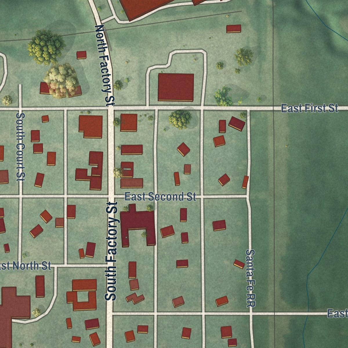 Close-up of the map of Enterprise, Kansas print showing street and building detail