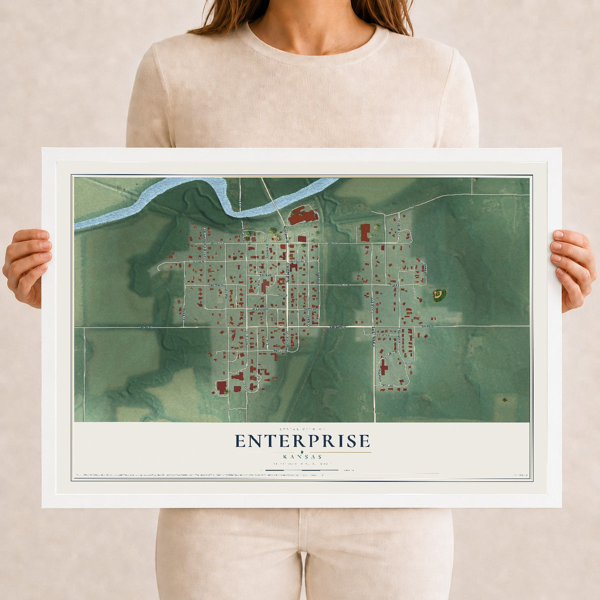 Map of Enterprise, Kansas, 12 x 18 inch print in a white wood frame