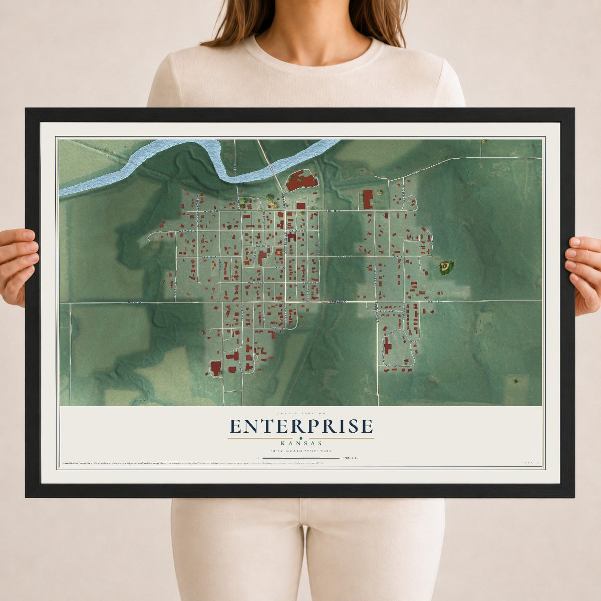 Map of Enterprise, Kansas, 18 x 24 inch print in a black wood frame