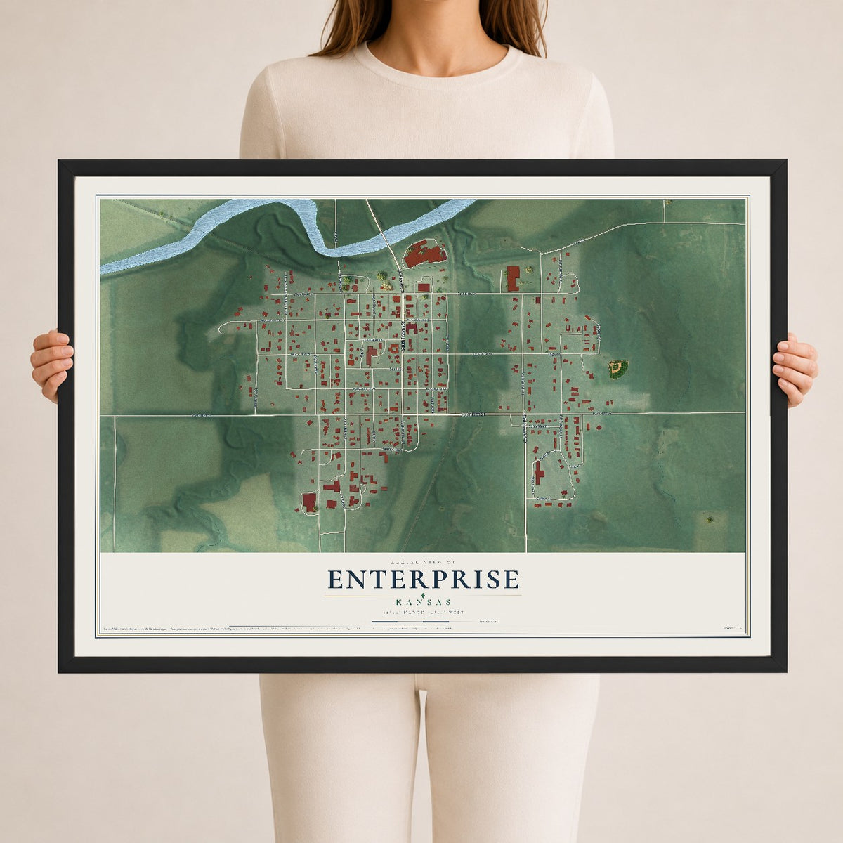 Map of Enterprise, Kansas, 24 x 36 inch print in a black wood frame