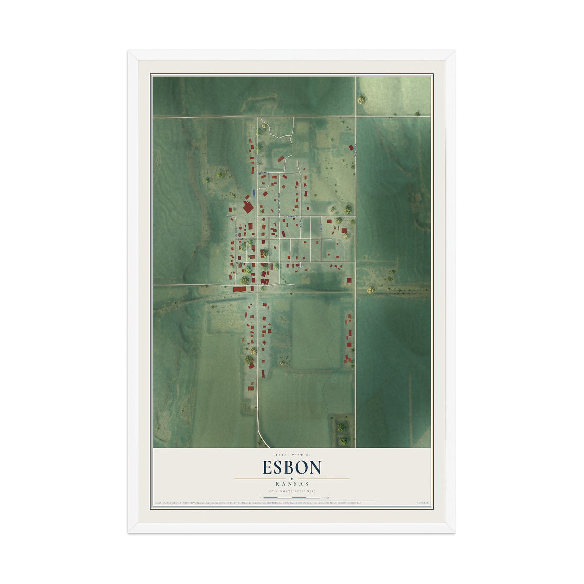 Map of Esbon, Kansas, 12 x 18 inch print in a white wood frame