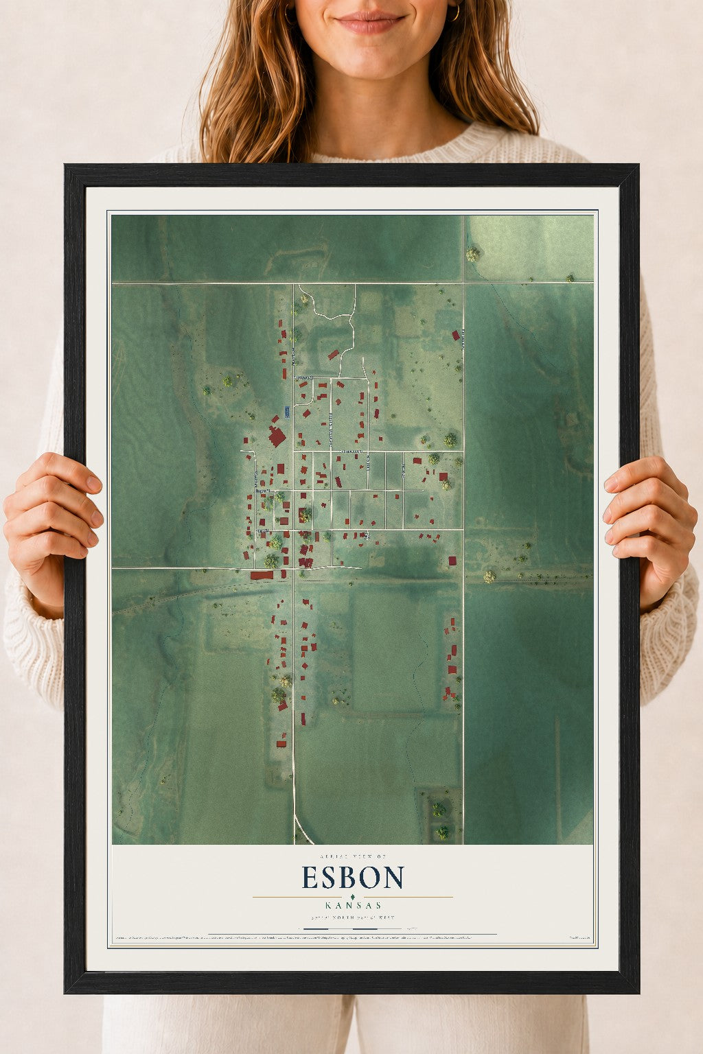 Map of Esbon, Kansas, 18 x 24 inch print in a black wood frame