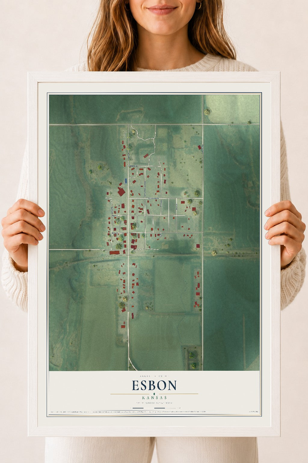 Map of Esbon, Kansas, 18 x 24 inch print in a white wood frame