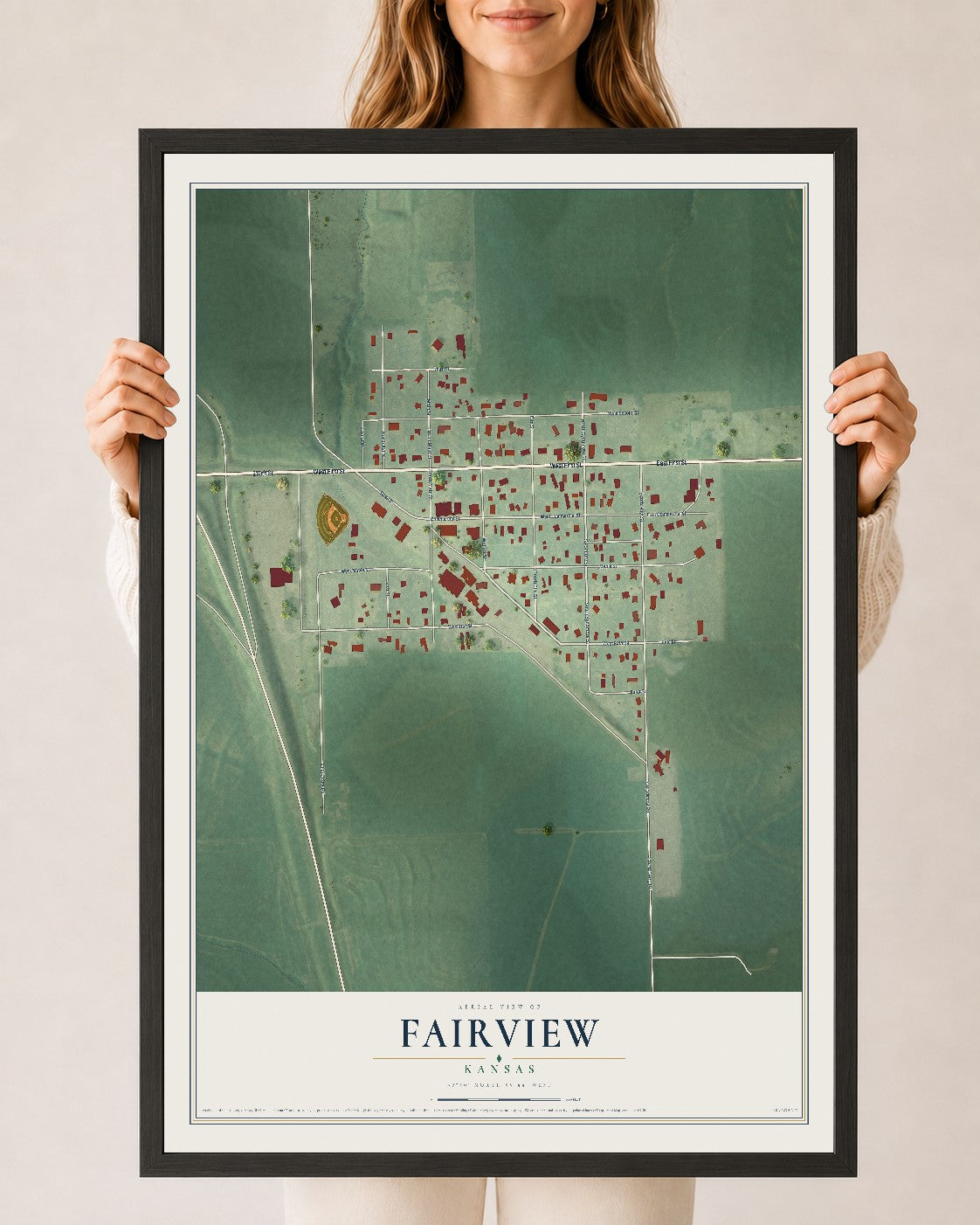 Map of Fairview, Kansas, 24 x 36 inch print in a black wood frame