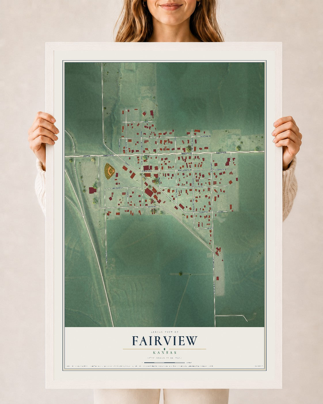 Map of Fairview, Kansas, 24 x 36 inch print in a white wood frame
