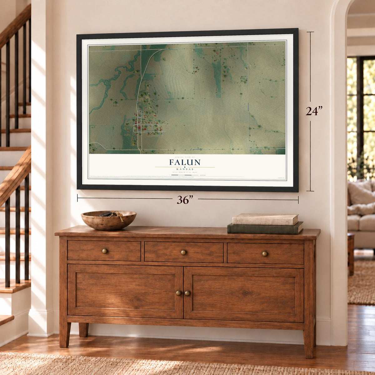 Falun, Kansas map, 24 x 36 inch print in a black frame above a dresser by a staircase