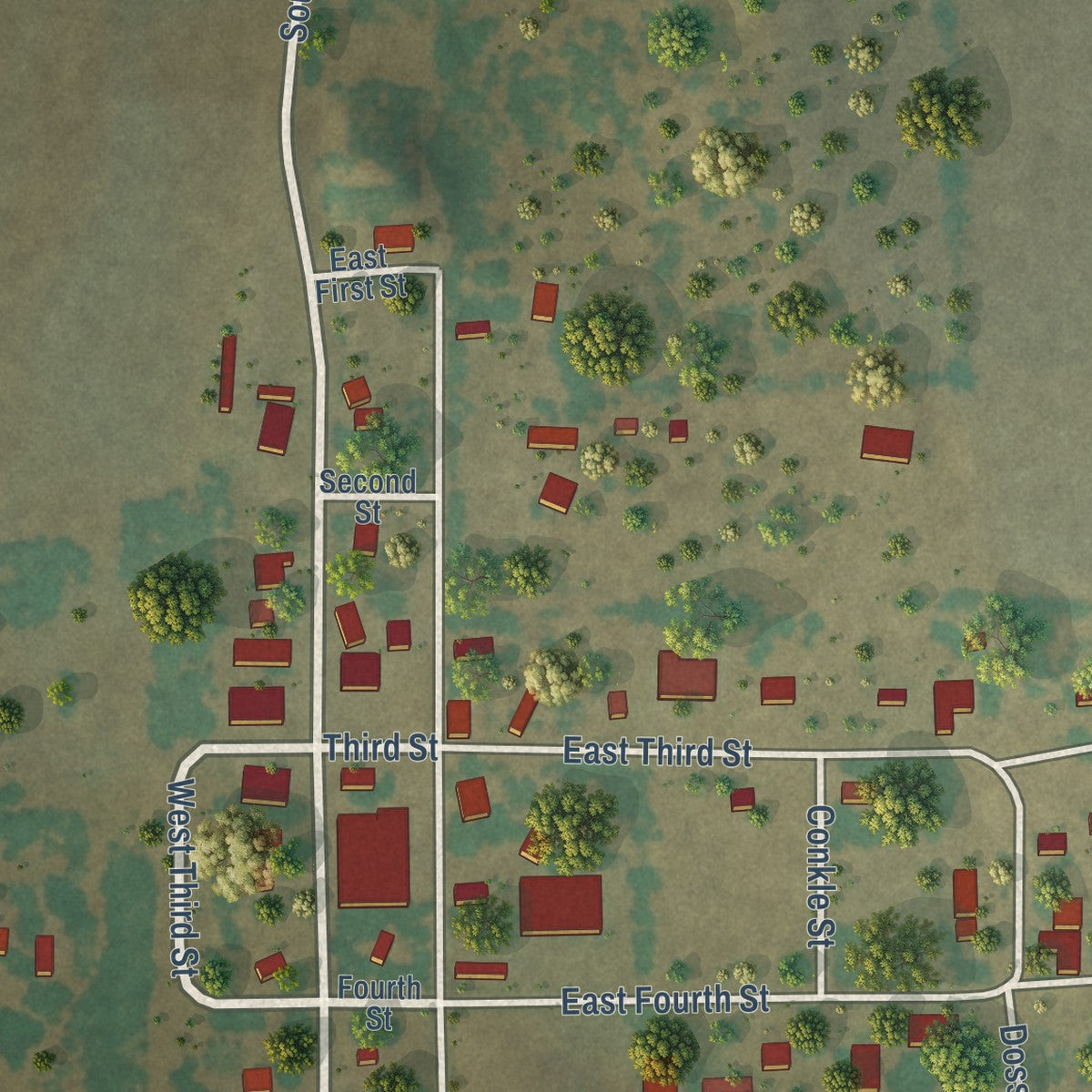 Close-up of the map of Falun, Kansas print showing street and building detail