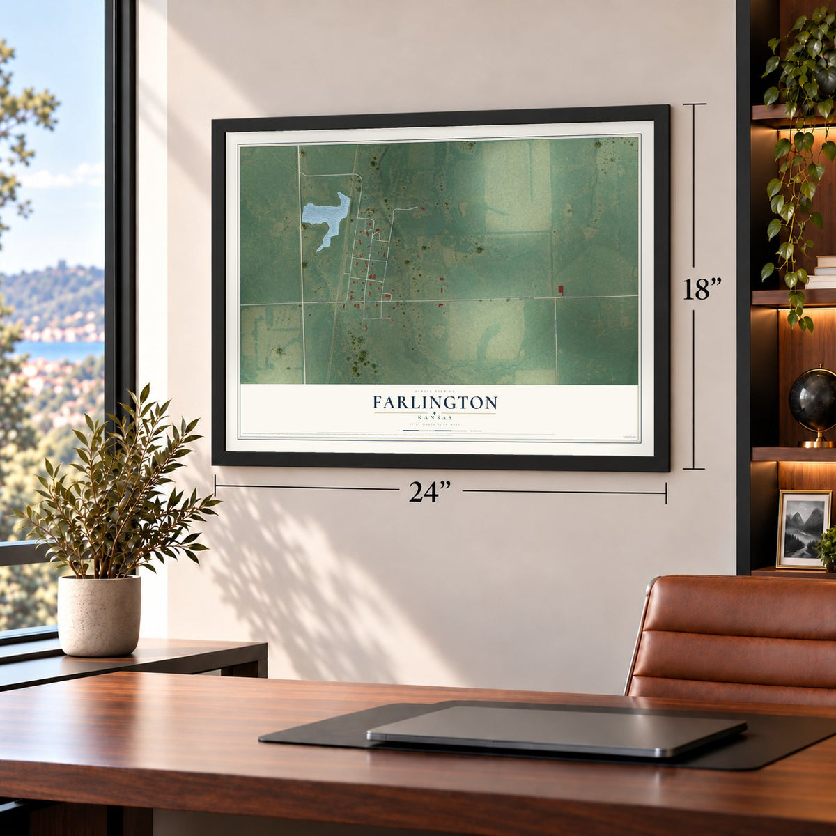 Farlington, Kansas map, 18 x 24 inch print in a black frame in a home office