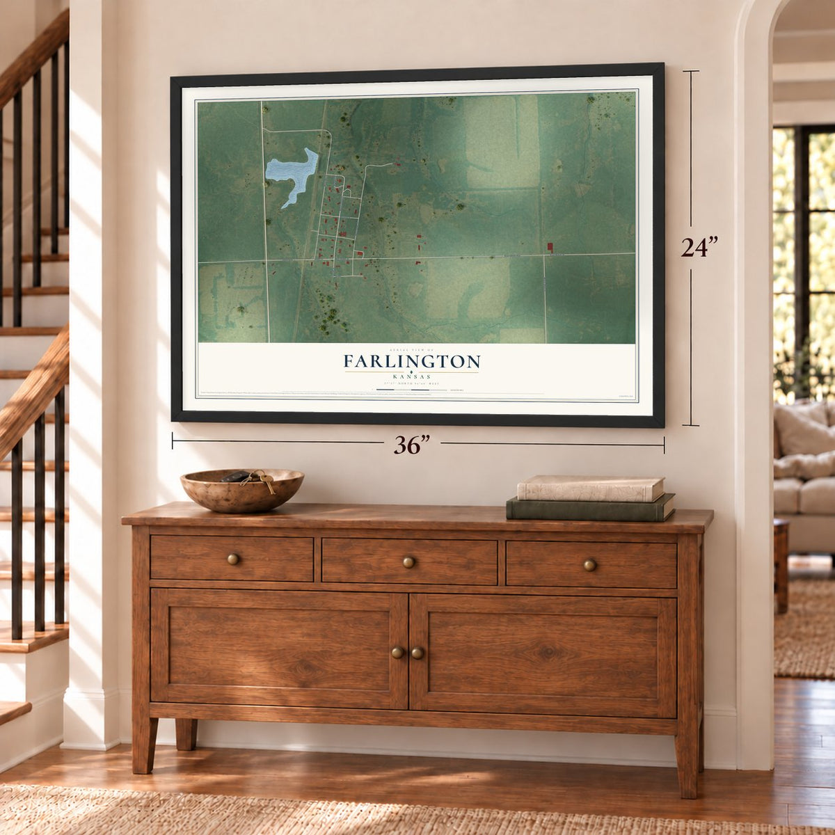 Farlington, Kansas map, 24 x 36 inch print in a black frame above a dresser by a staircase