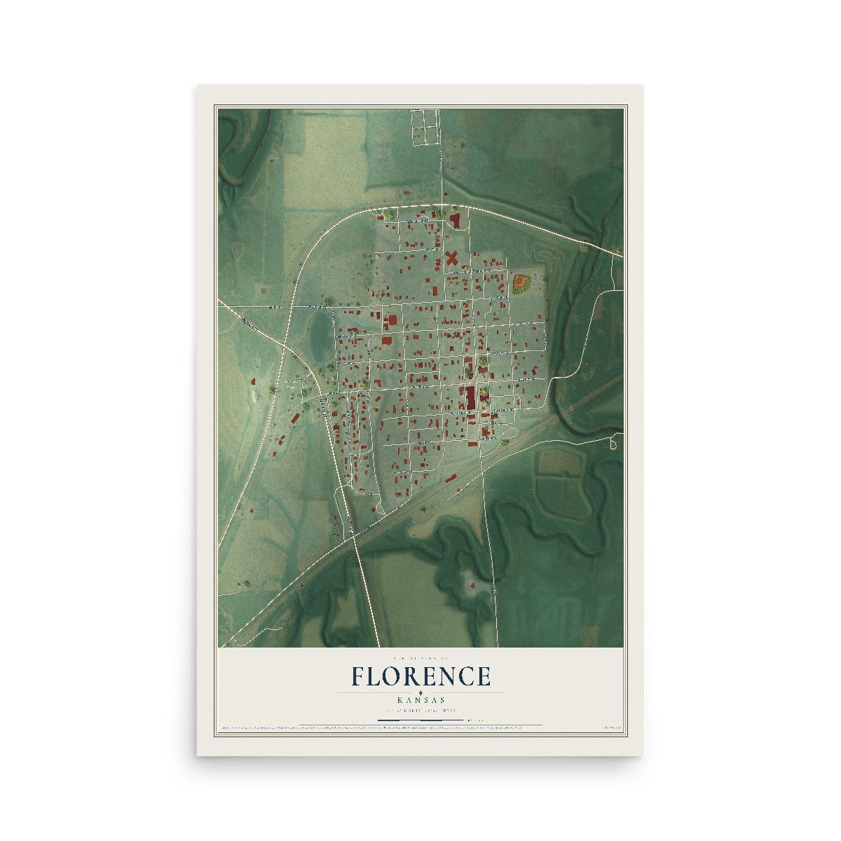 Map of Florence, Kansas, 12 x 18 inch unframed archival matte print