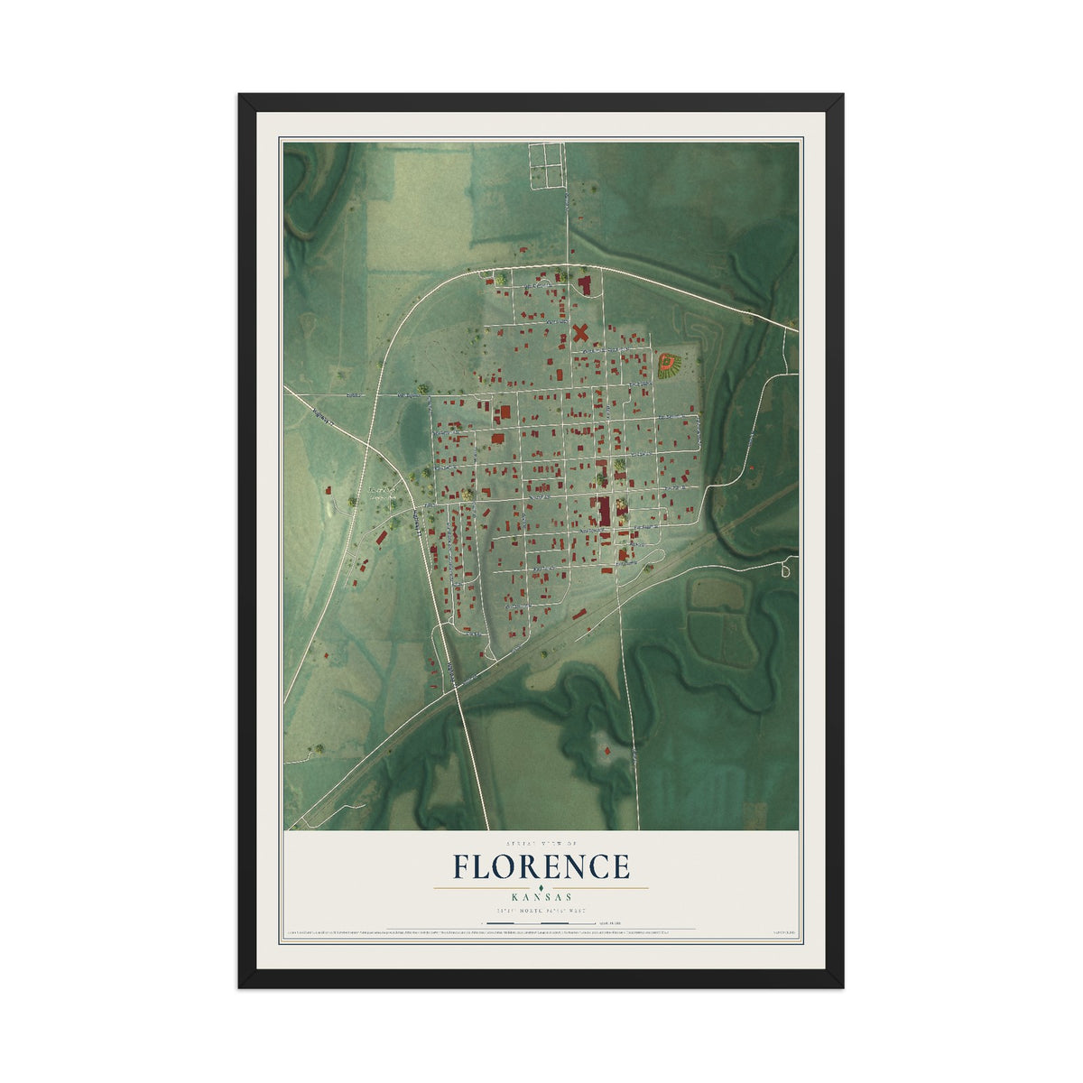 Map of Florence, Kansas, 12 x 18 inch print in a black wood frame