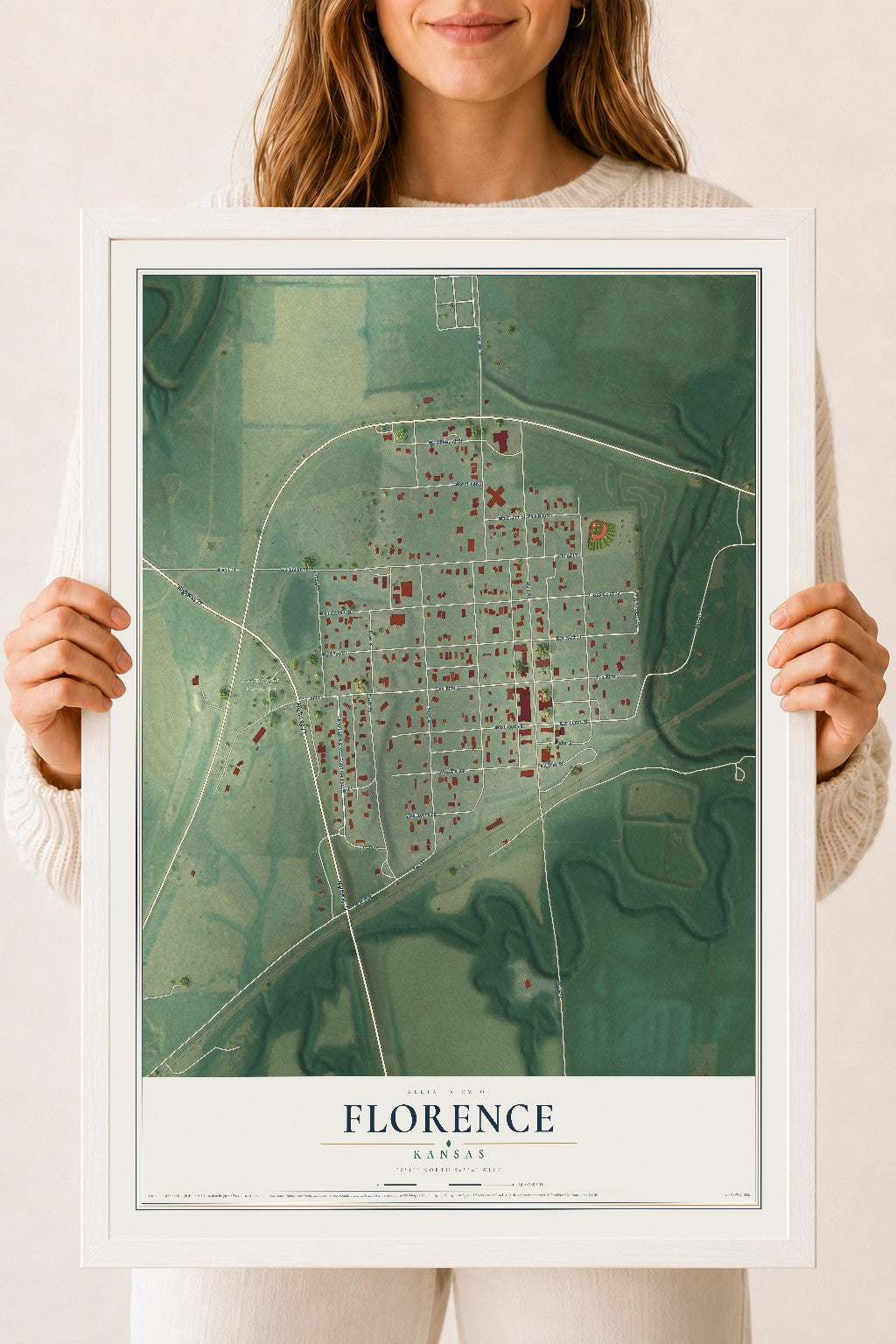 Map of Florence, Kansas, 18 x 24 inch print in a white wood frame