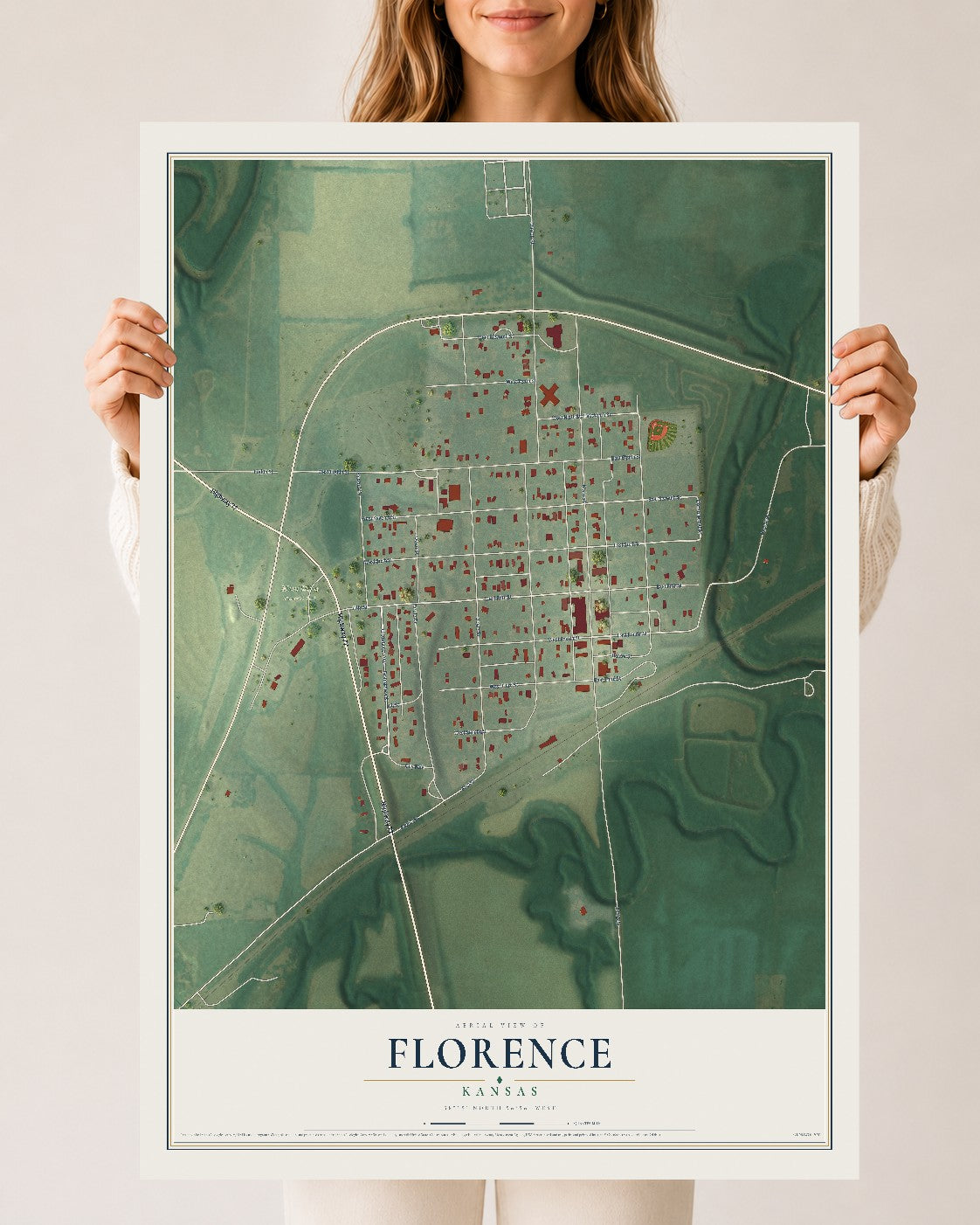 Map of Florence, Kansas, 24 x 36 inch unframed archival matte print