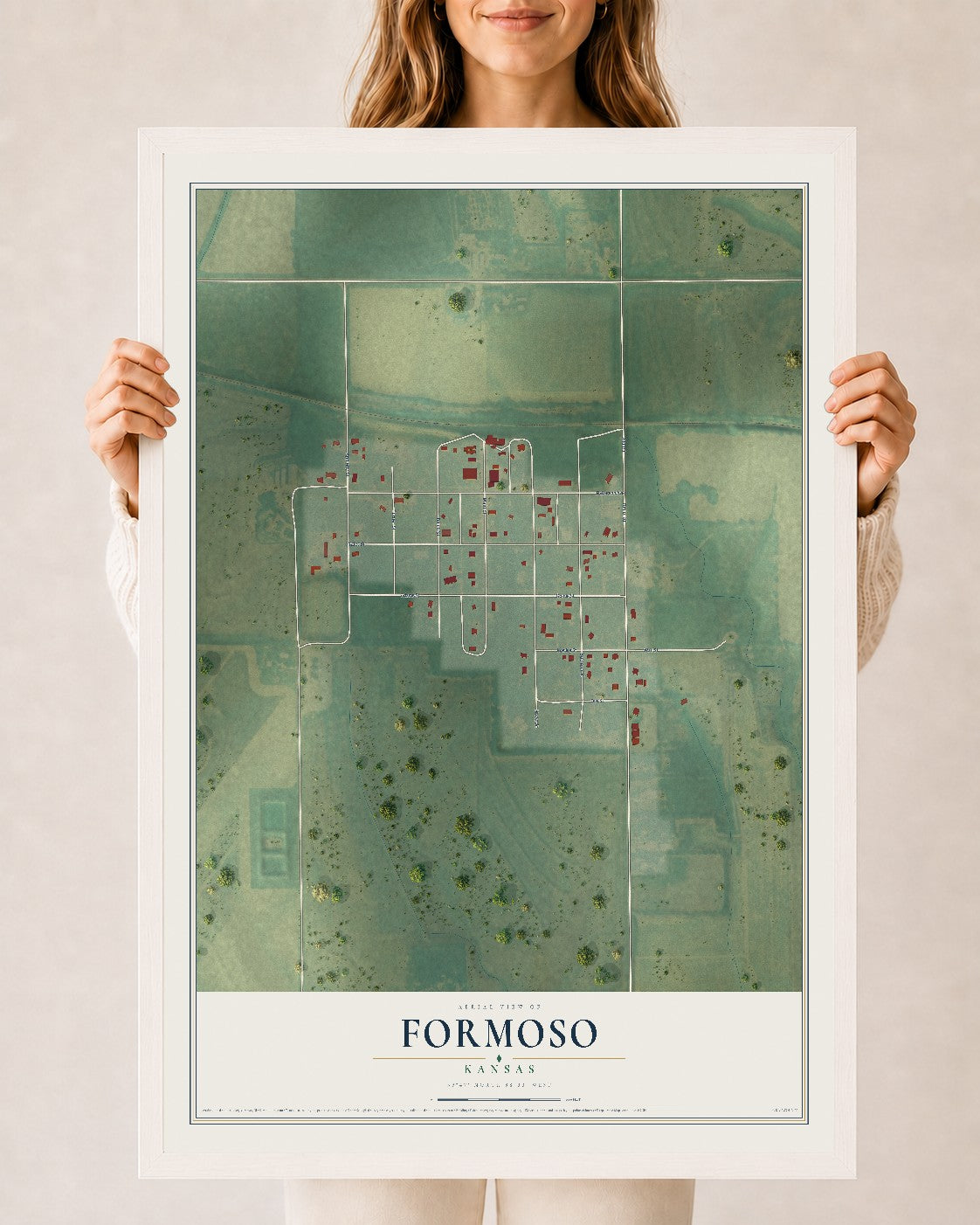 Map of Formoso, Kansas, 24 x 36 inch print in a white wood frame