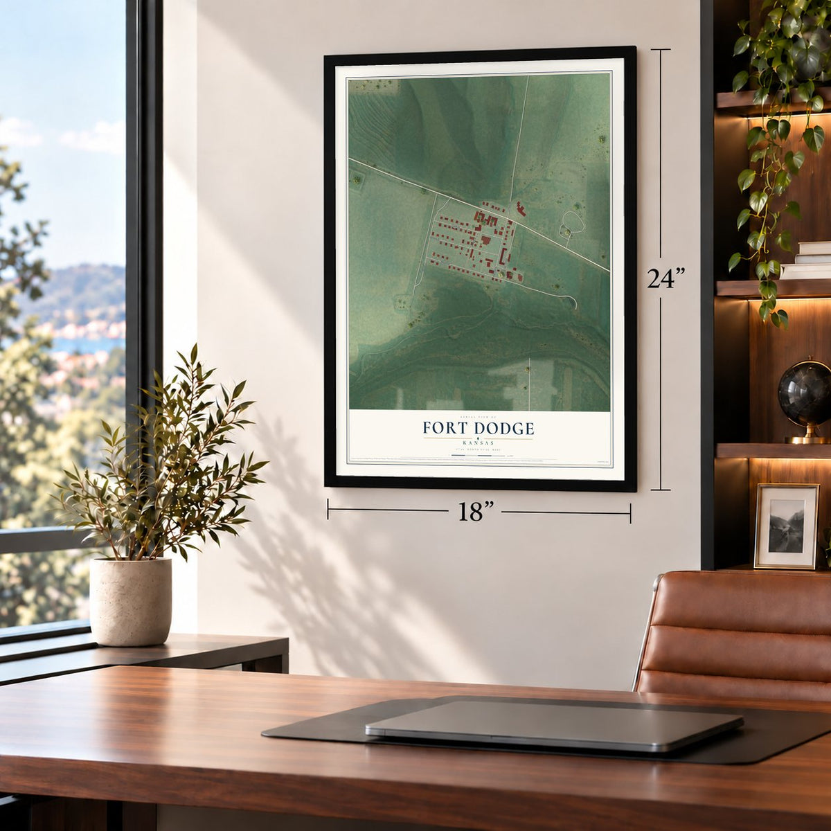 Fort Dodge, Kansas map, 18 x 24 inch print in a black frame in a home office