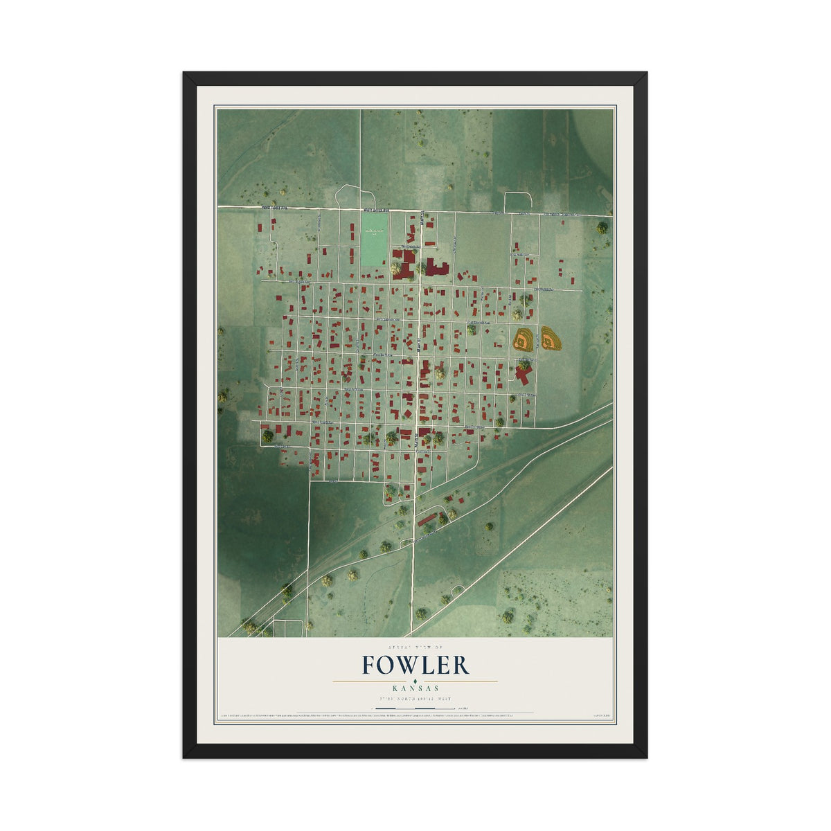 Map of Fowler, Kansas, 12 x 18 inch print in a black wood frame