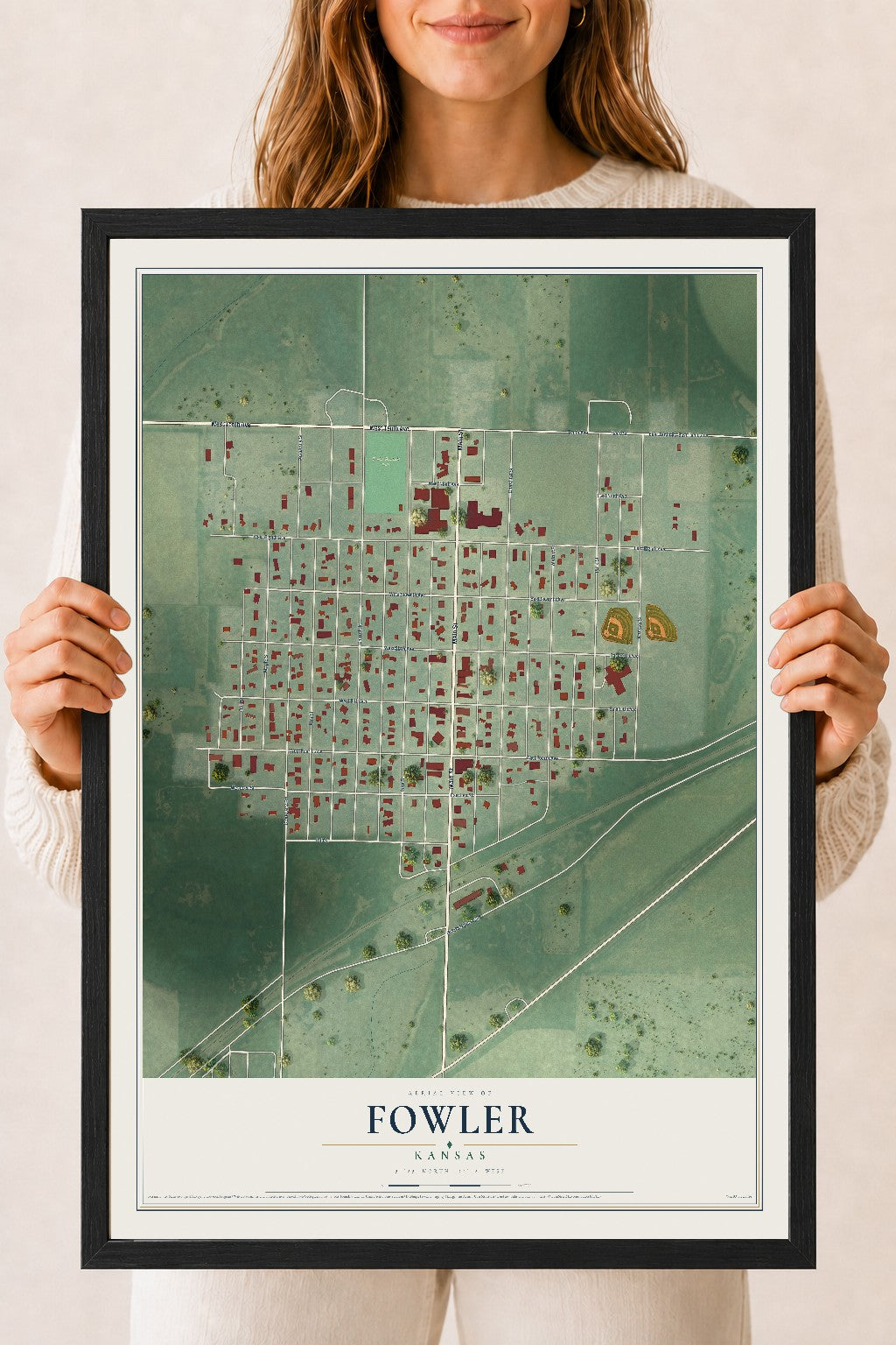 Map of Fowler, Kansas, 18 x 24 inch print in a black wood frame