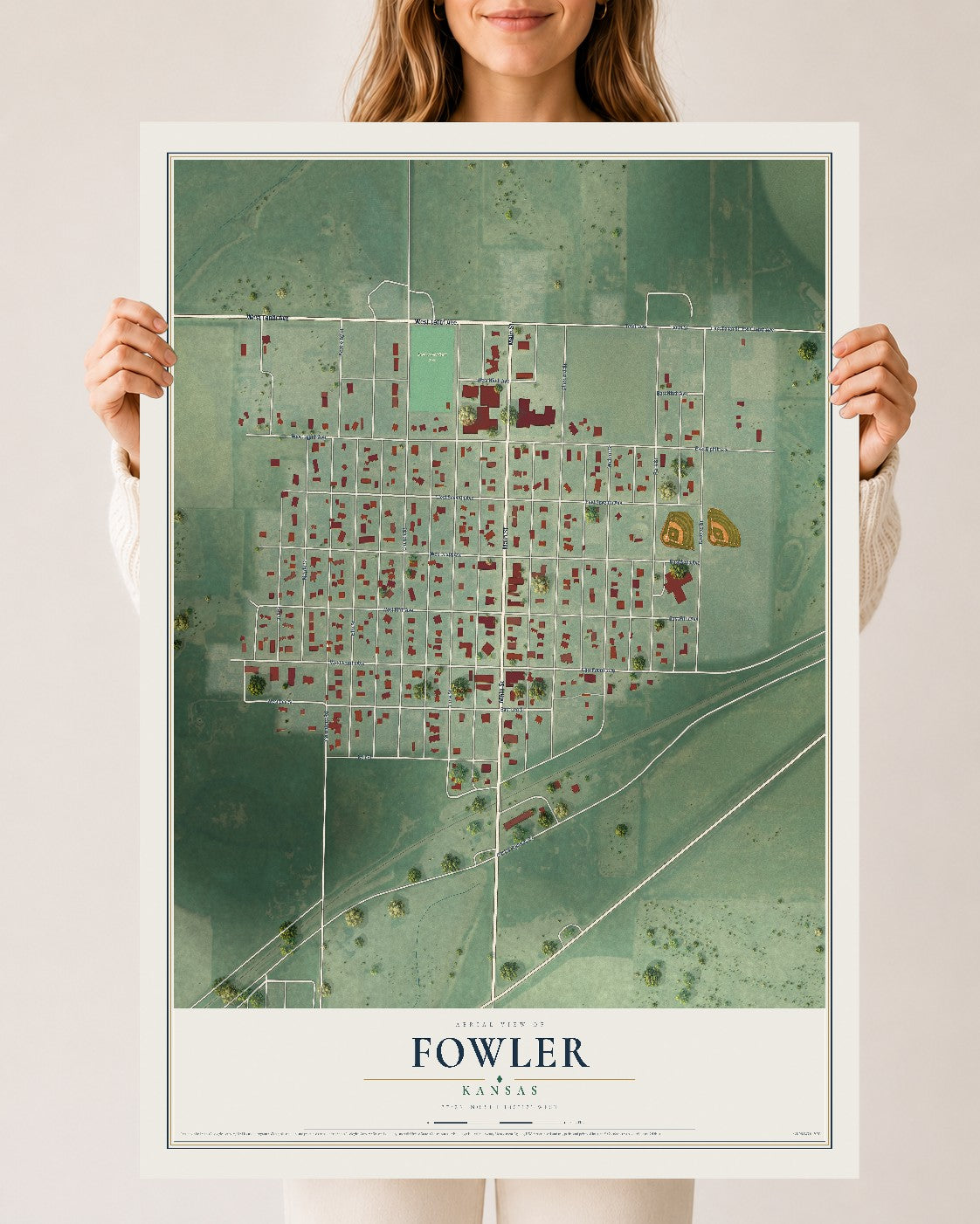 Map of Fowler, Kansas, 24 x 36 inch unframed archival matte print
