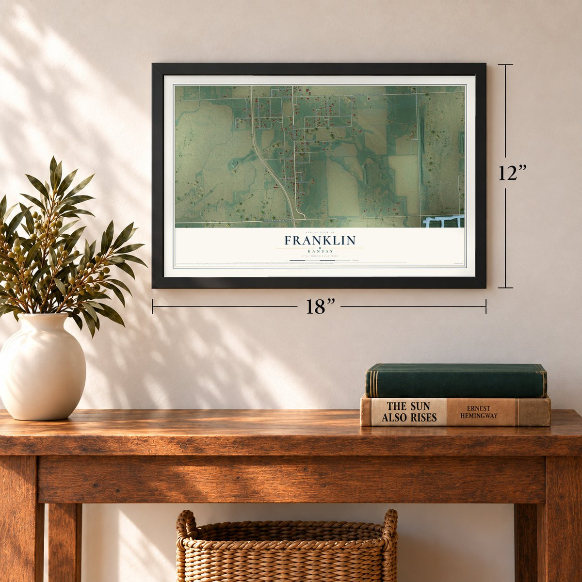 Franklin, Kansas map, 12 x 18 inch print in a black frame in an entryway