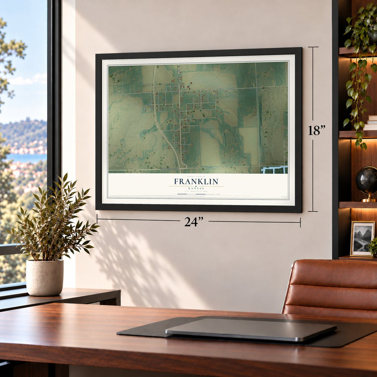 Franklin, Kansas map, 18 x 24 inch print in a black frame in a home office