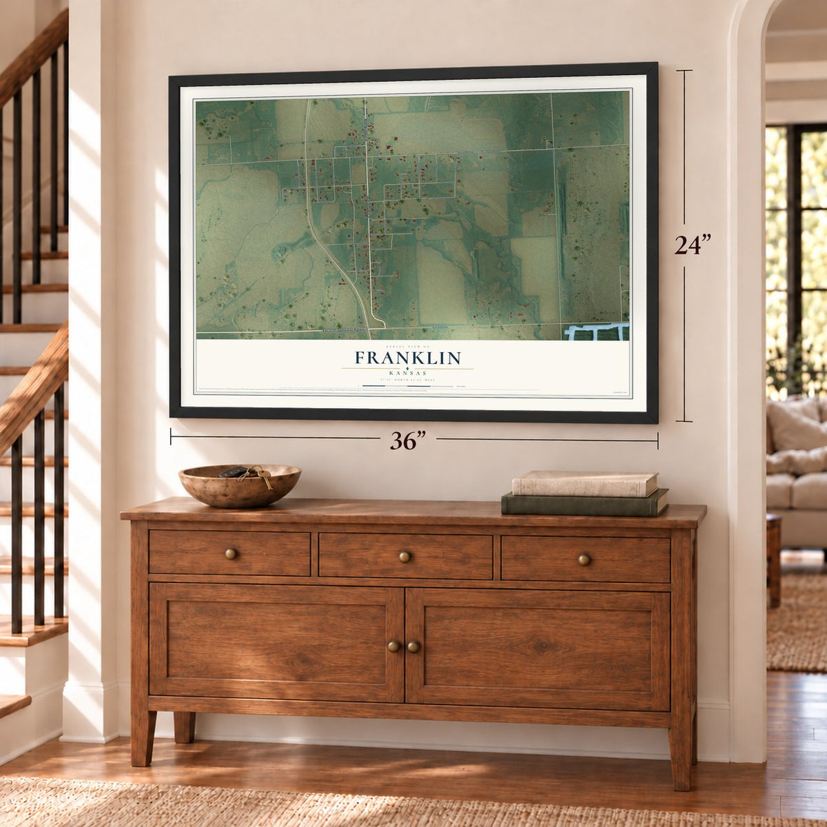 Franklin, Kansas map, 24 x 36 inch print in a black frame above a dresser by a staircase
