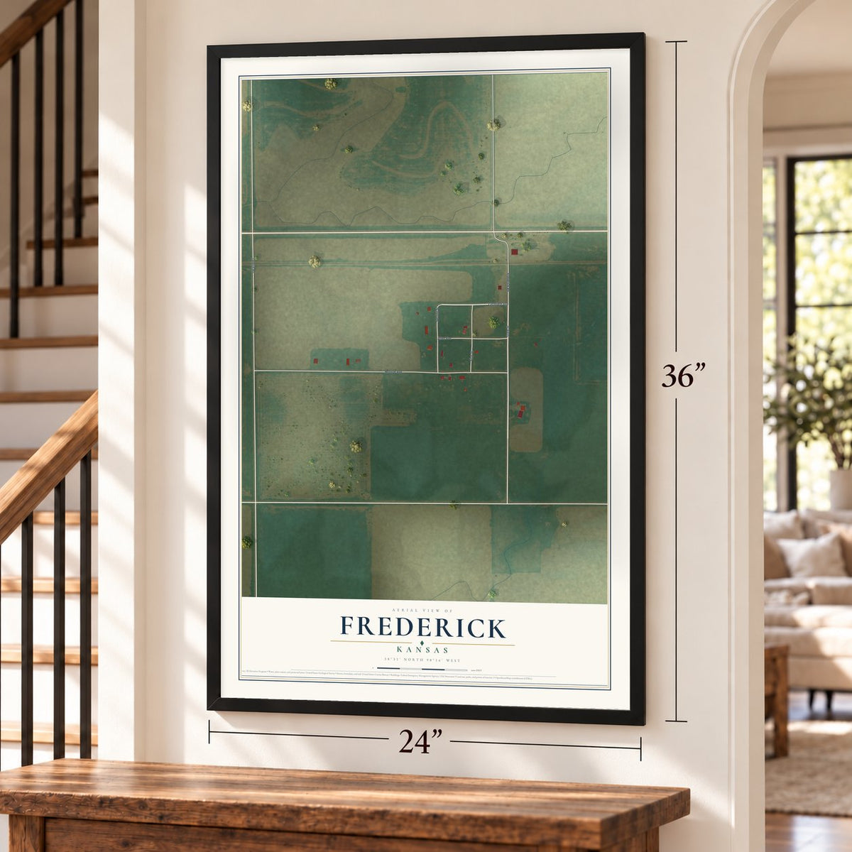 Frederick, Kansas map, 24 x 36 inch print in a black frame by a staircase