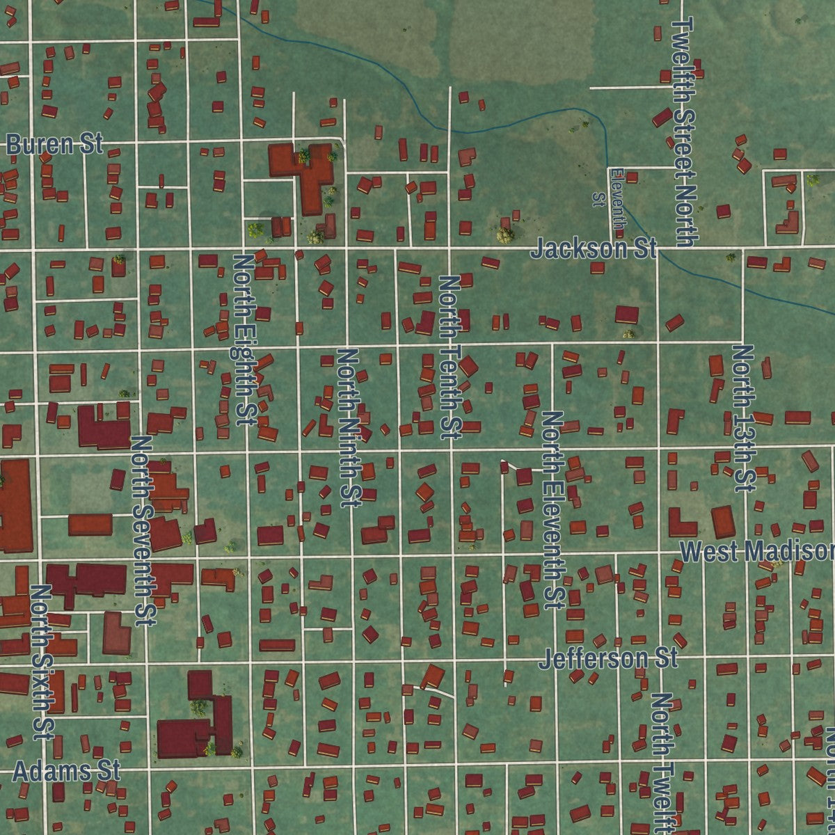Close-up of the map of Fredonia, Kansas print showing street and building detail