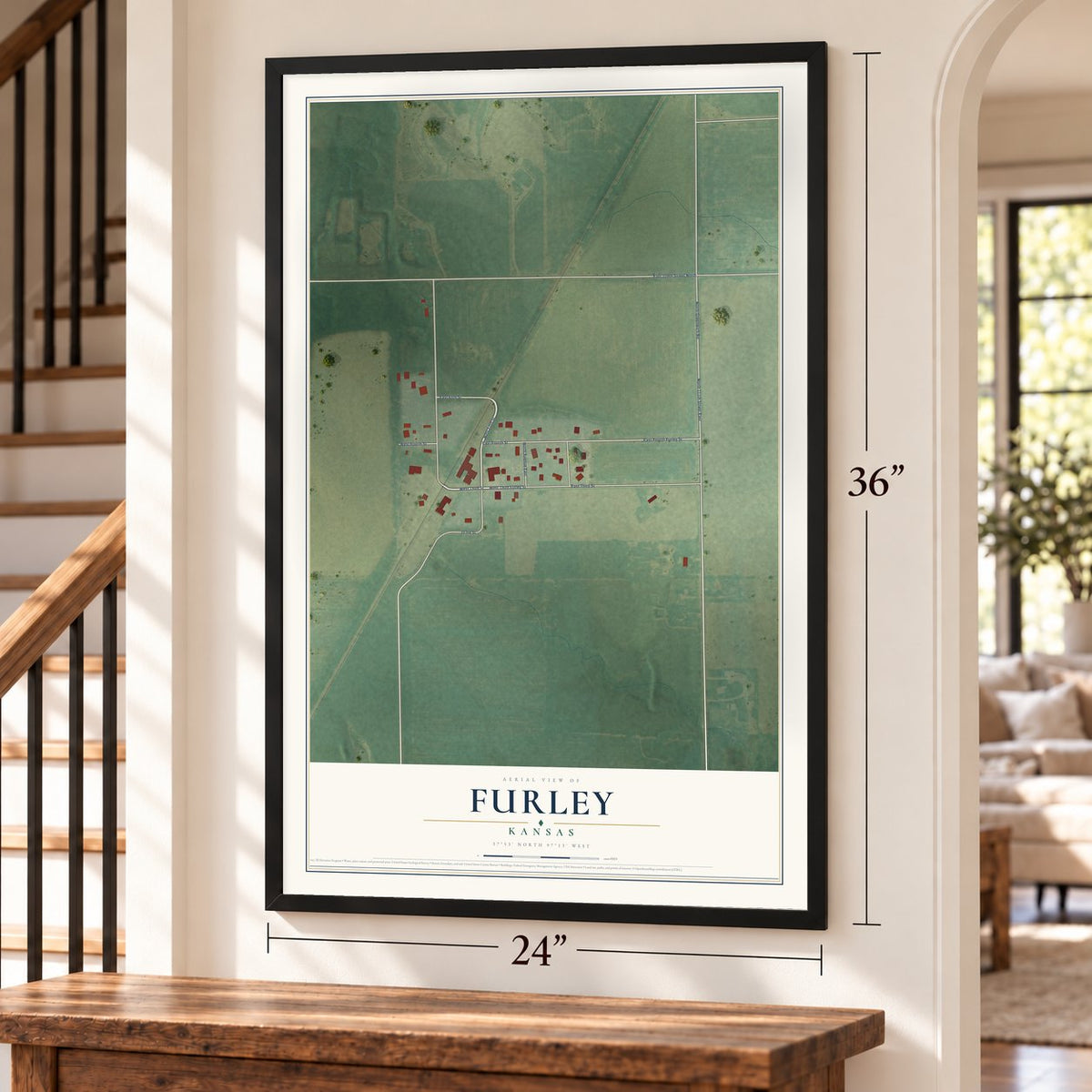 Furley, Kansas map, 24 x 36 inch print in a black frame by a staircase