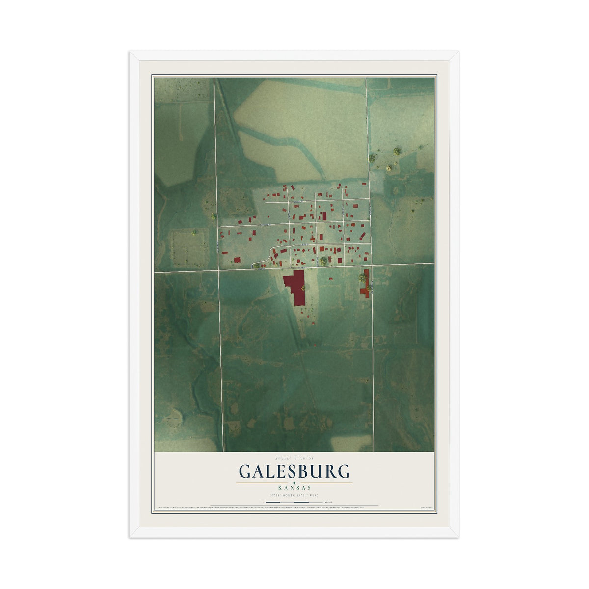 Map of Galesburg, Kansas, 12 x 18 inch print in a white wood frame