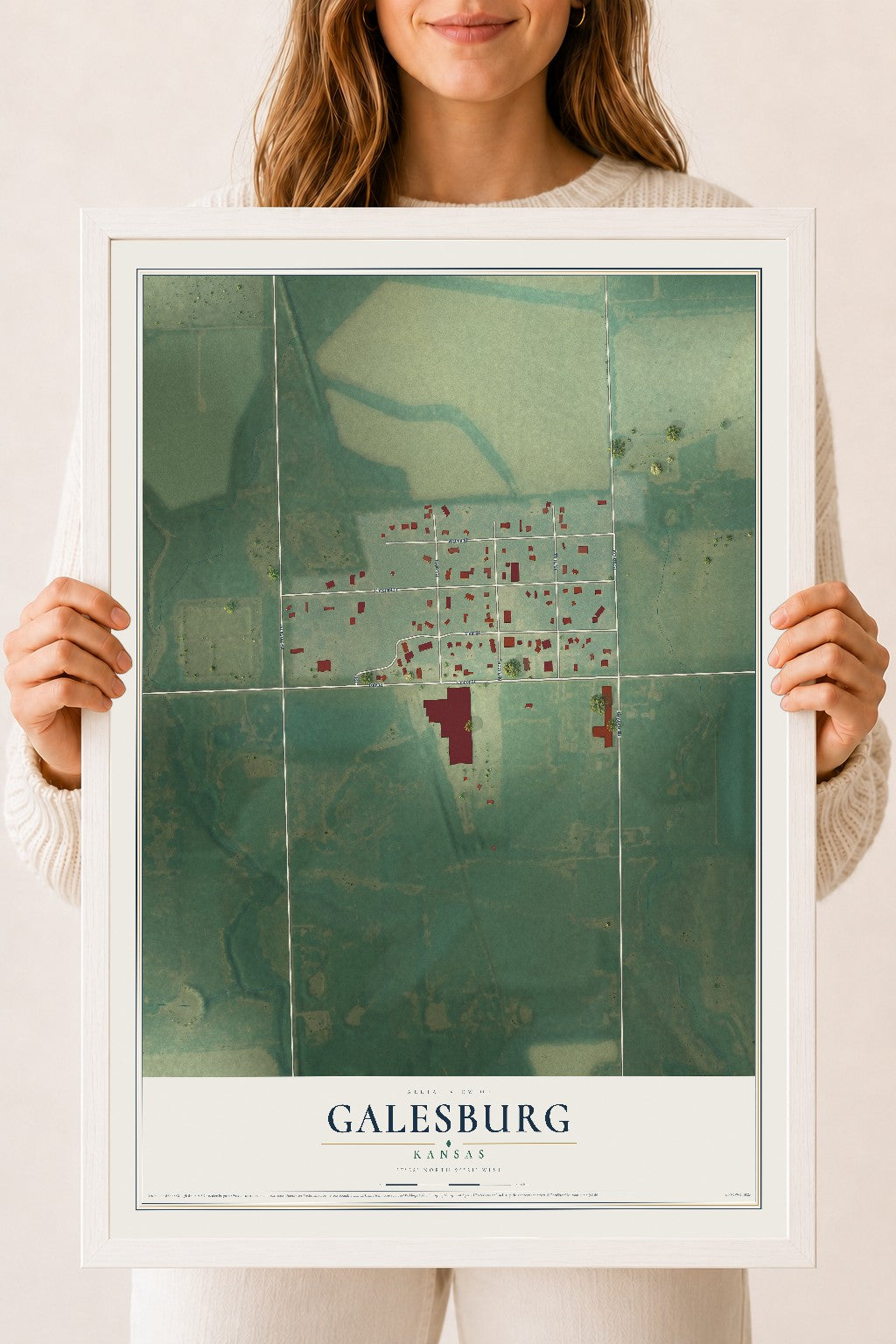 Map of Galesburg, Kansas, 18 x 24 inch print in a white wood frame