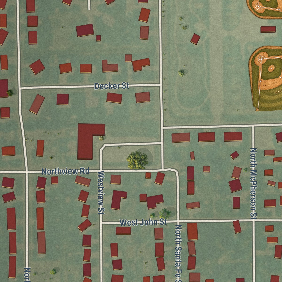Second close-up of the map of Galva, Kansas print showing more streets and buildings