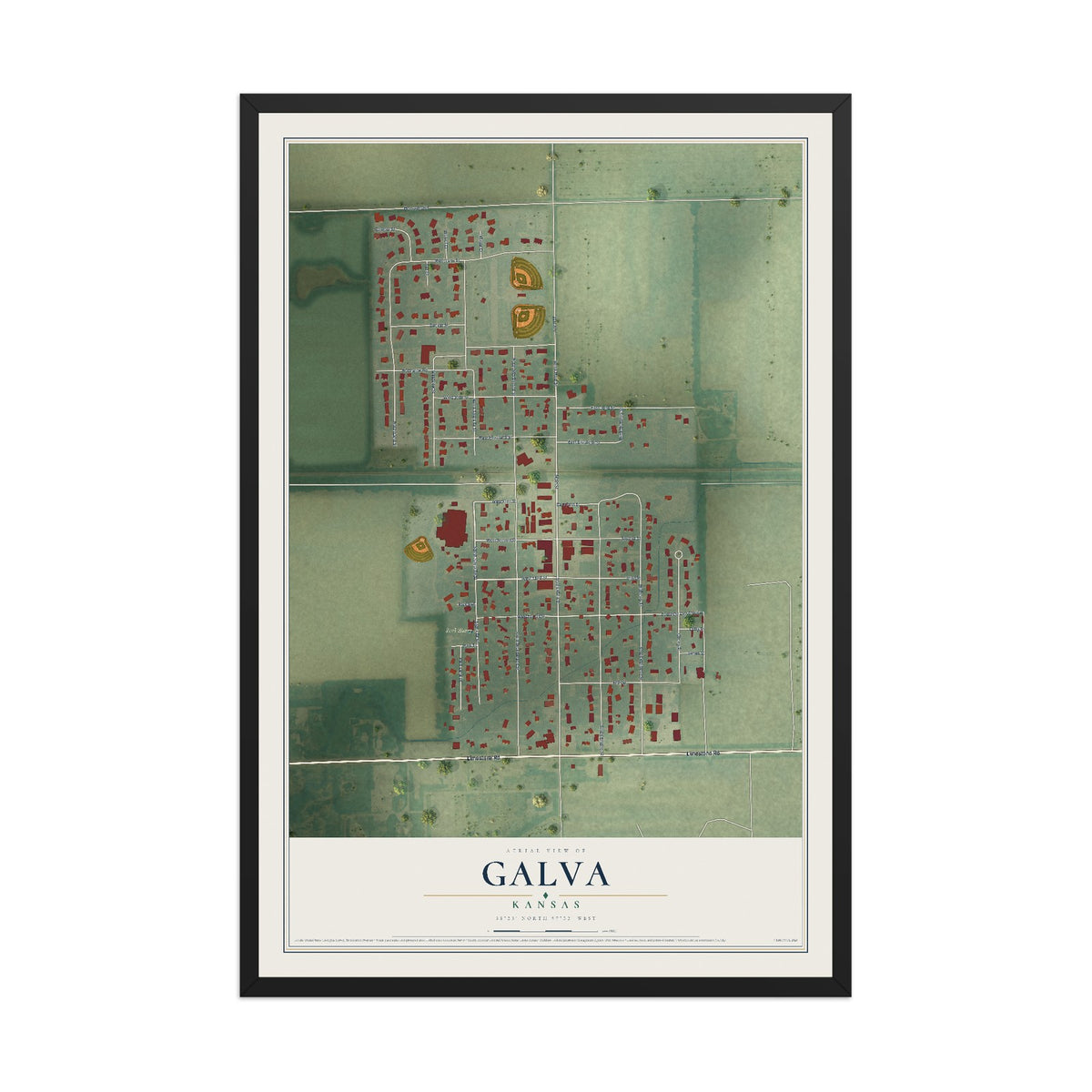 Map of Galva, Kansas, 12 x 18 inch print in a black wood frame