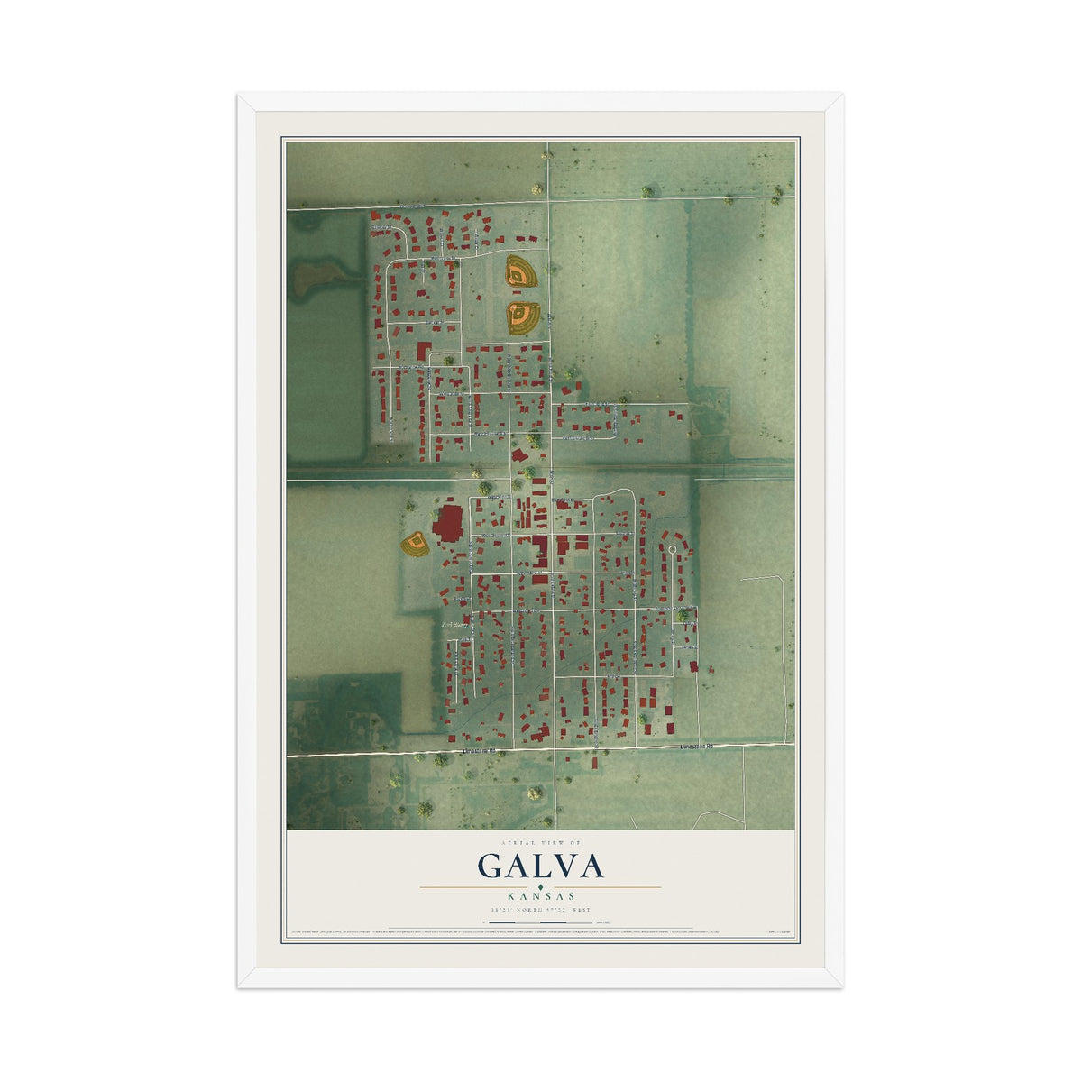 Map of Galva, Kansas, 12 x 18 inch print in a white wood frame