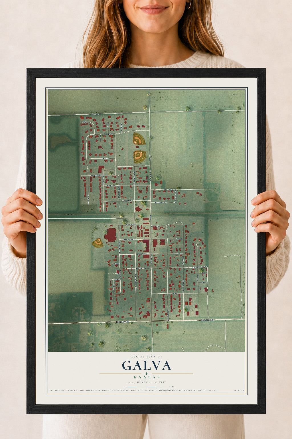 Map of Galva, Kansas, 18 x 24 inch print in a black wood frame