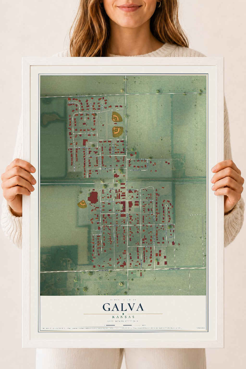Map of Galva, Kansas, 18 x 24 inch print in a white wood frame