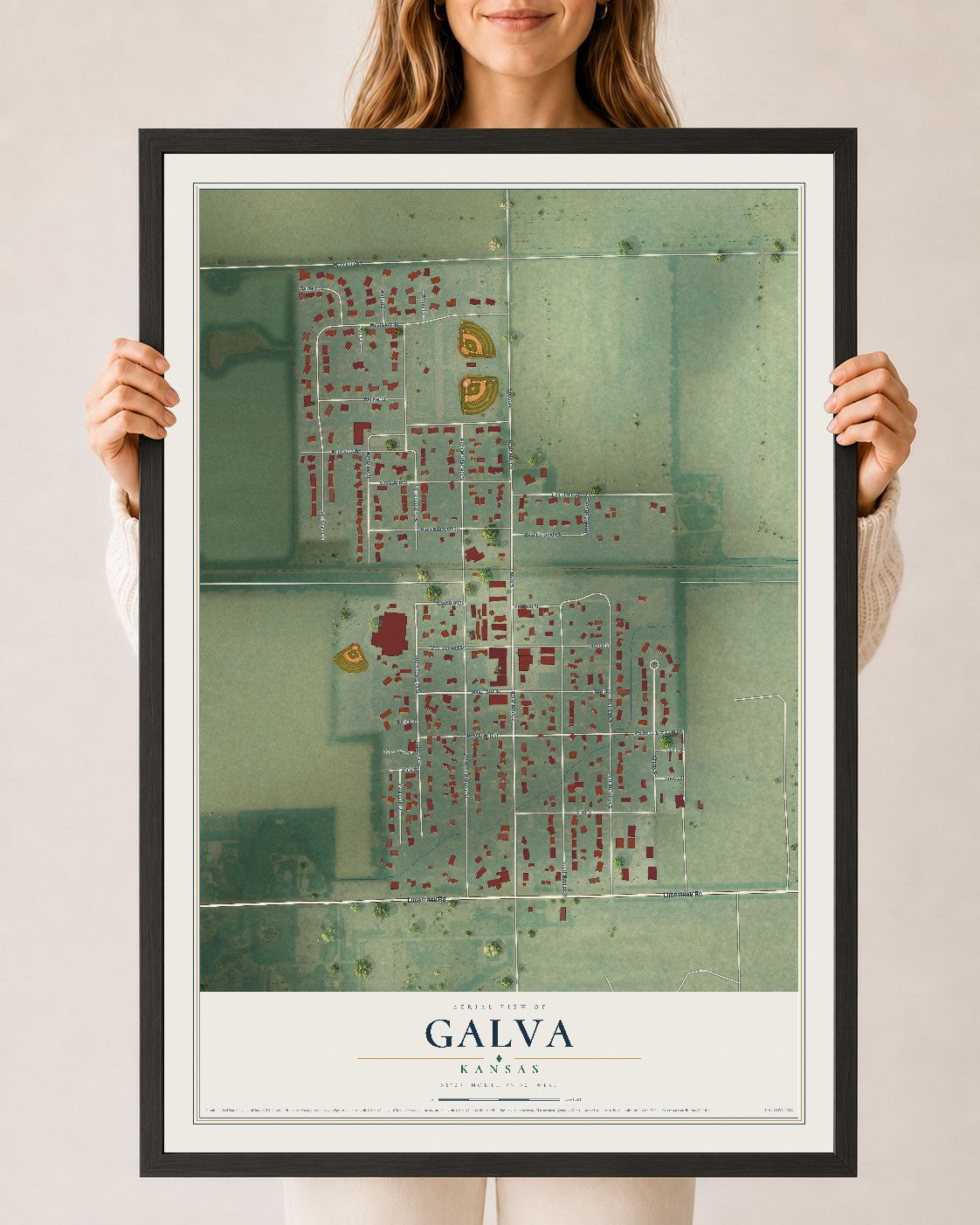 Map of Galva, Kansas, 24 x 36 inch print in a black wood frame