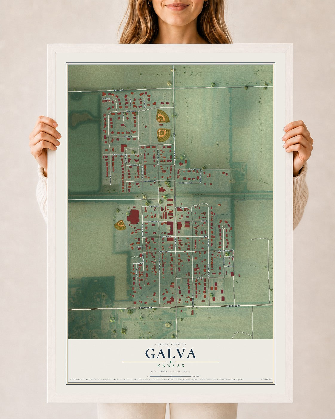 Map of Galva, Kansas, 24 x 36 inch print in a white wood frame