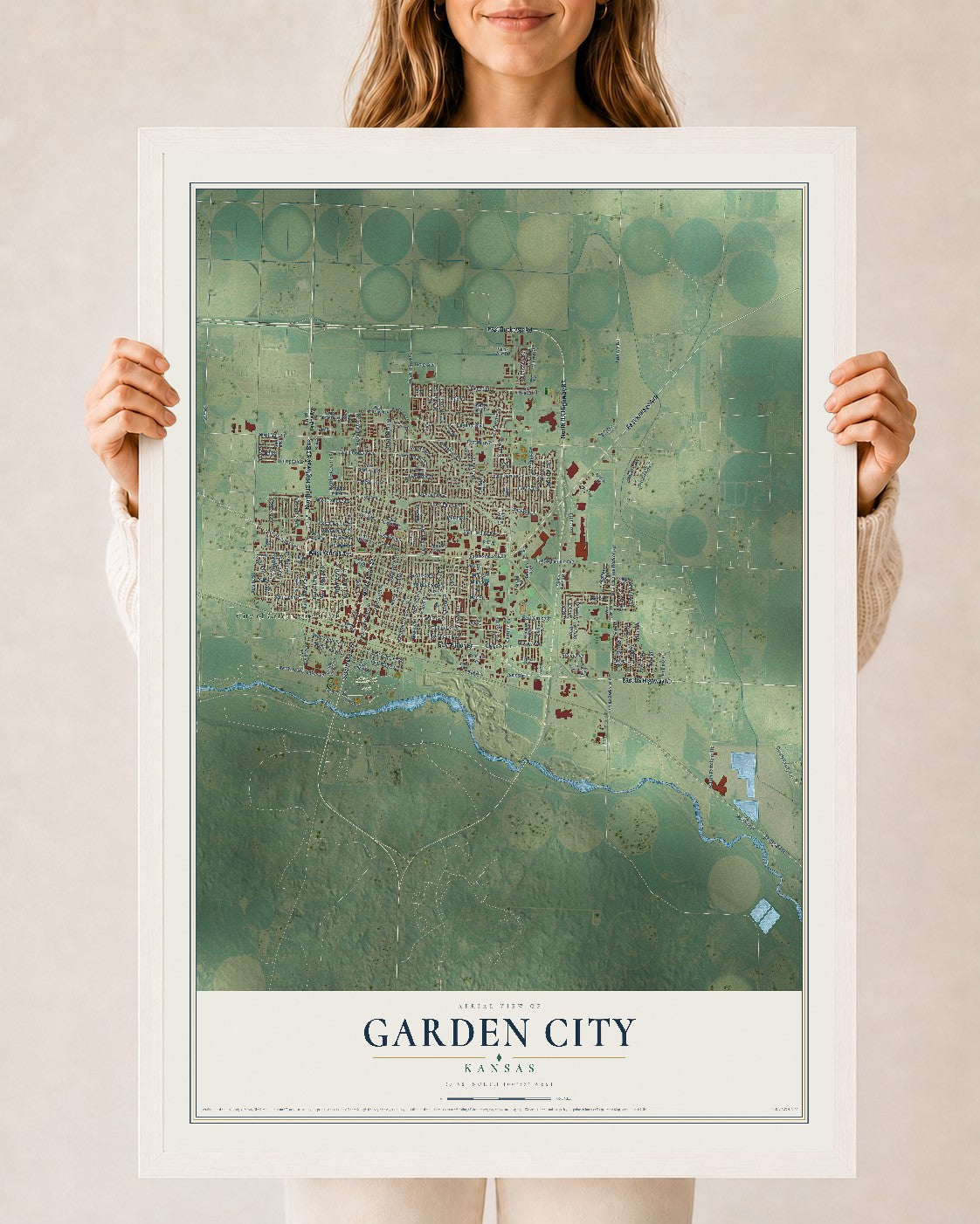 Map of Garden City, Kansas, 24 x 36 inch print in a white wood frame