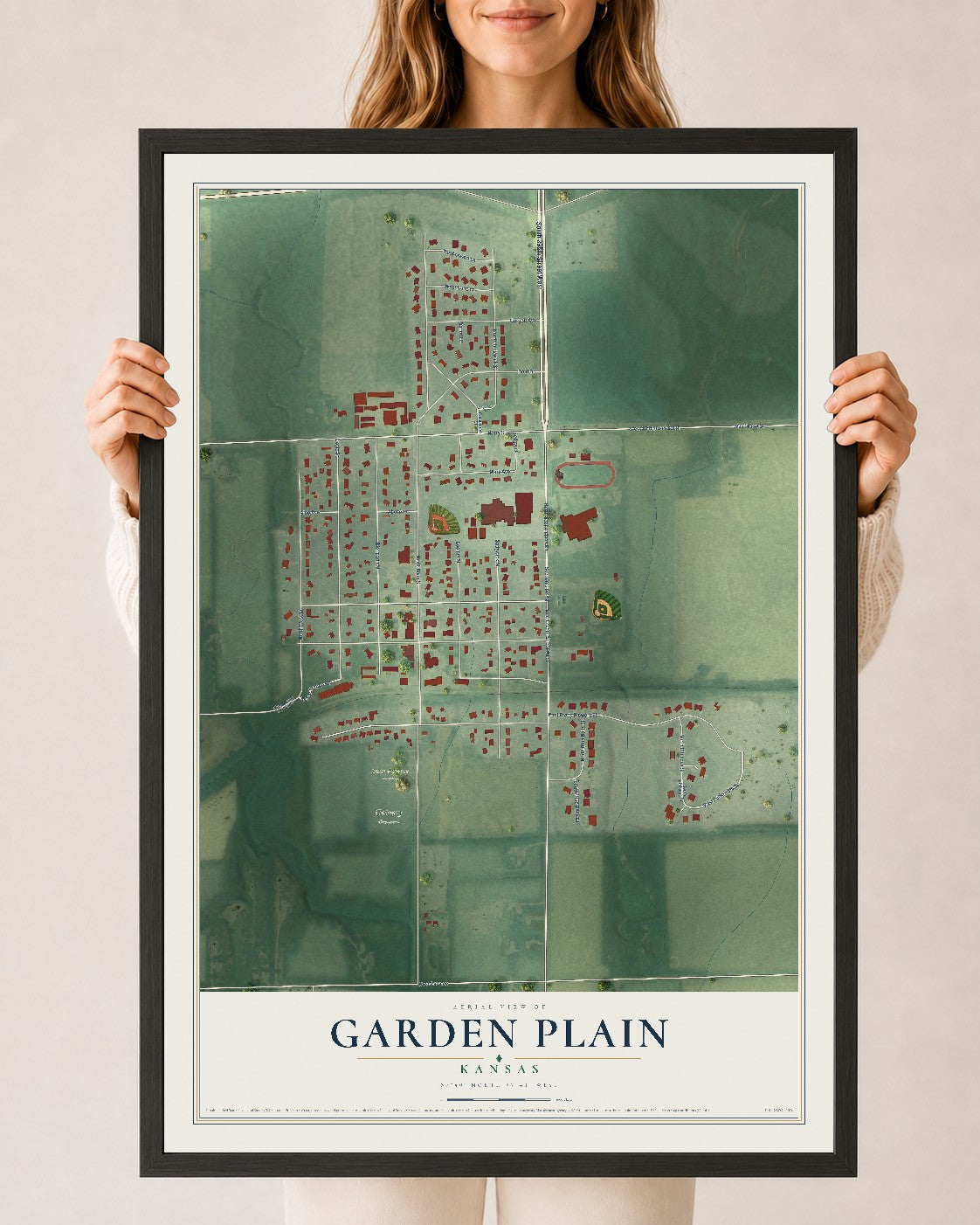 Map of Garden Plain, Kansas, 24 x 36 inch print in a black wood frame