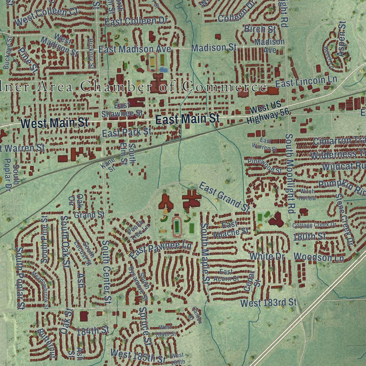 Close-up of the map of Gardner, Kansas print showing street and building detail