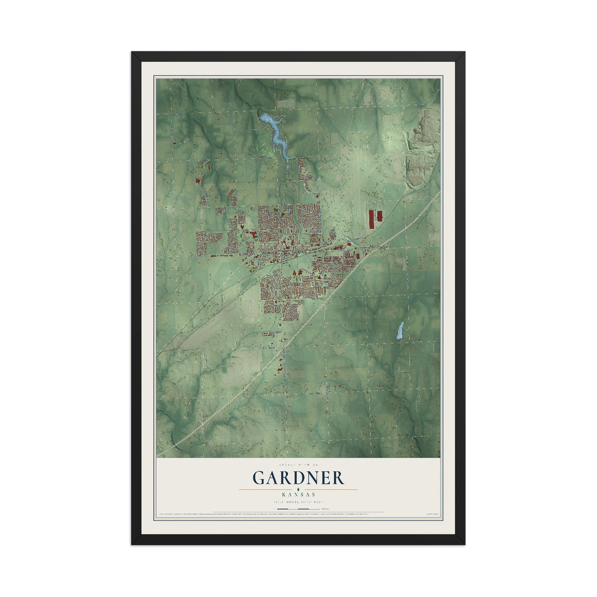 Map of Gardner, Kansas, 12 x 18 inch print in a black wood frame