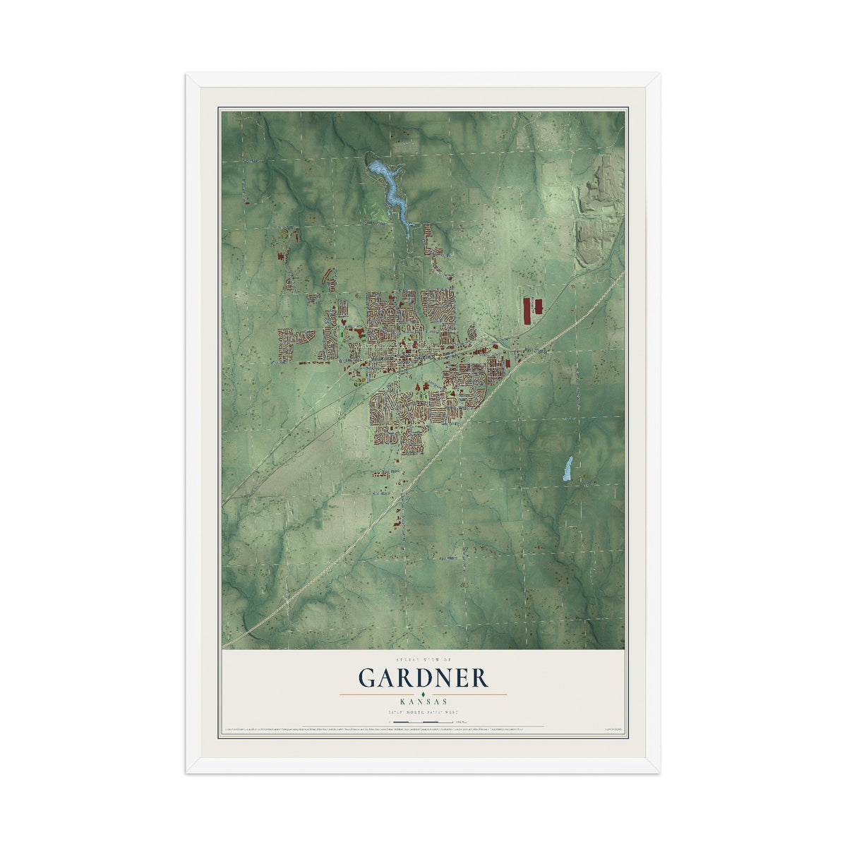 Map of Gardner, Kansas, 12 x 18 inch print in a white wood frame