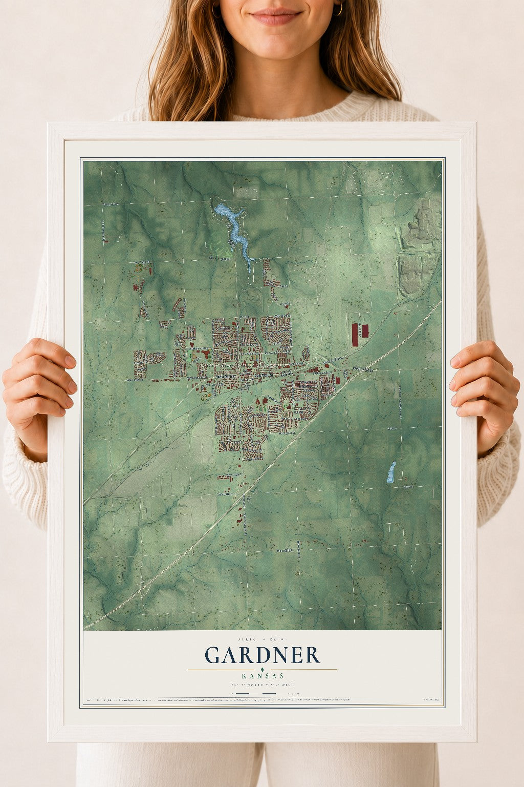 Map of Gardner, Kansas, 18 x 24 inch print in a white wood frame