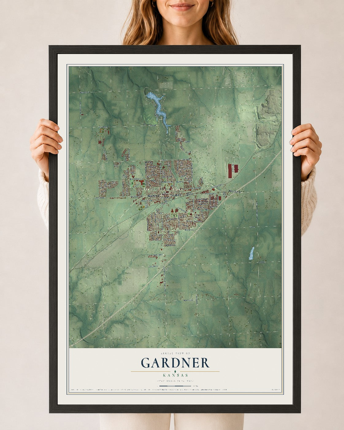 Map of Gardner, Kansas, 24 x 36 inch print in a black wood frame