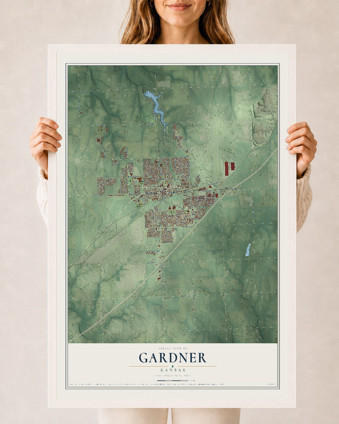 Map of Gardner, Kansas, 24 x 36 inch print in a white wood frame