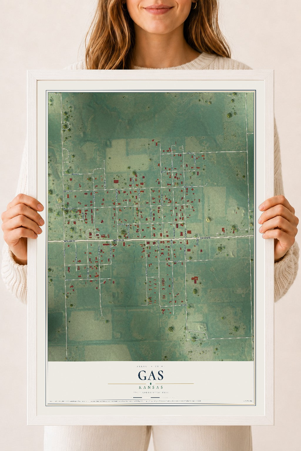Map of Gas, Kansas, 18 x 24 inch print in a white wood frame