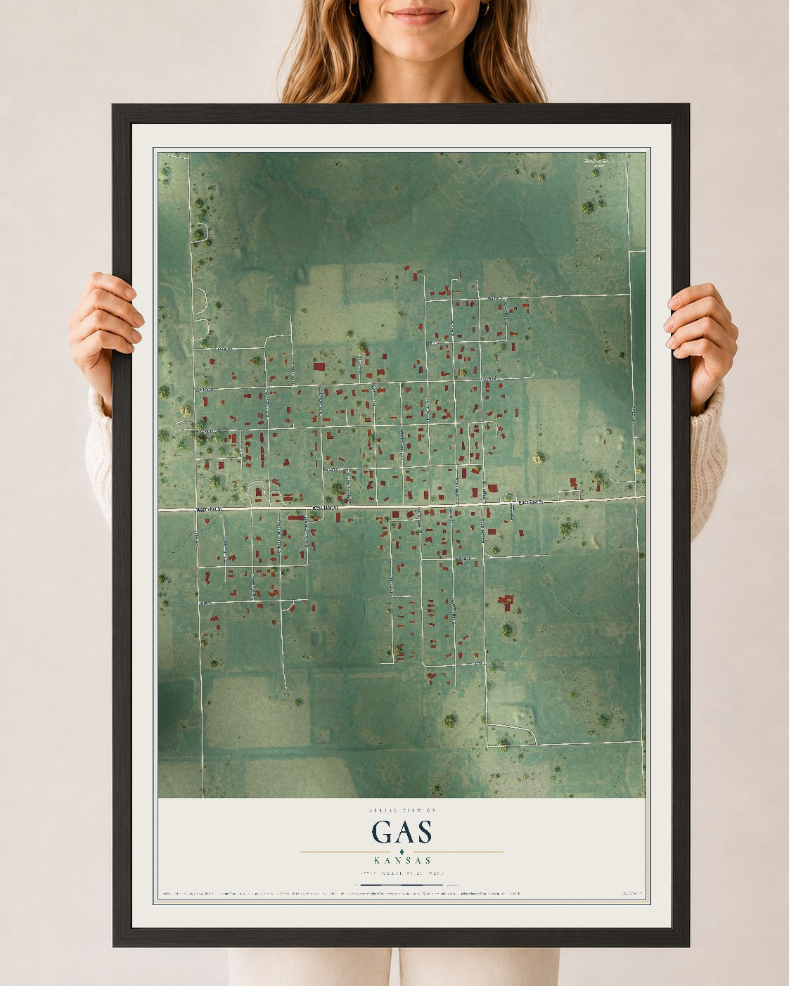 Map of Gas, Kansas, 24 x 36 inch print in a black wood frame